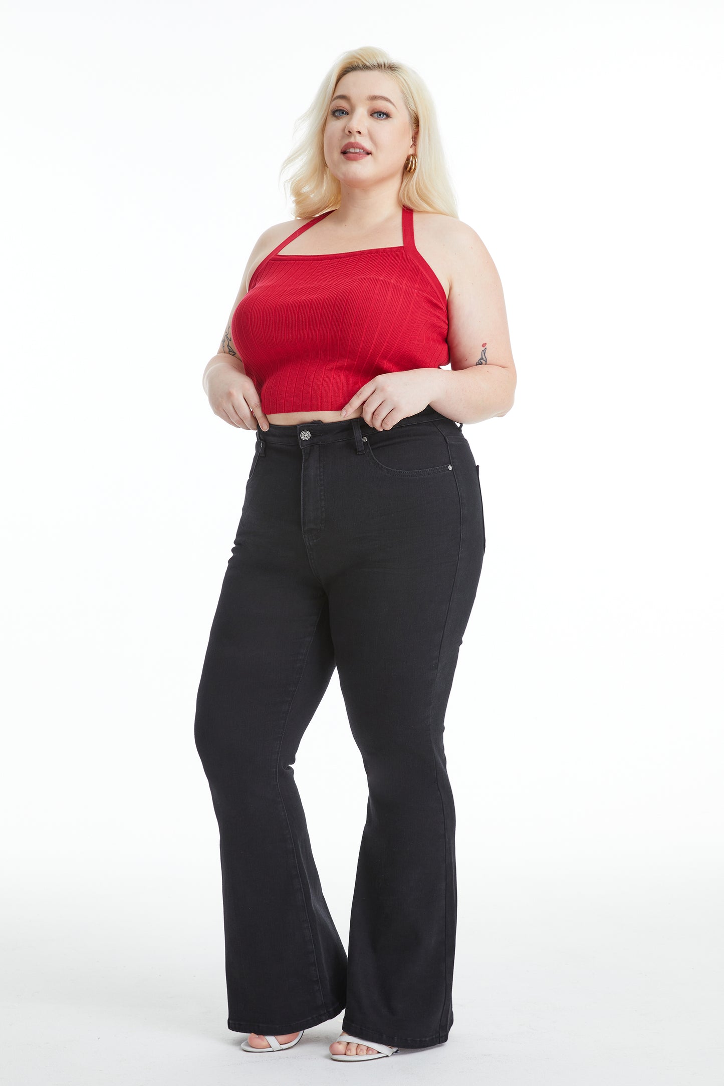 HIGH RISE FLARE JEANS WITH CRINKLE BYF1127-P (BYHE057) SOLID BLACK PLUS SIZE