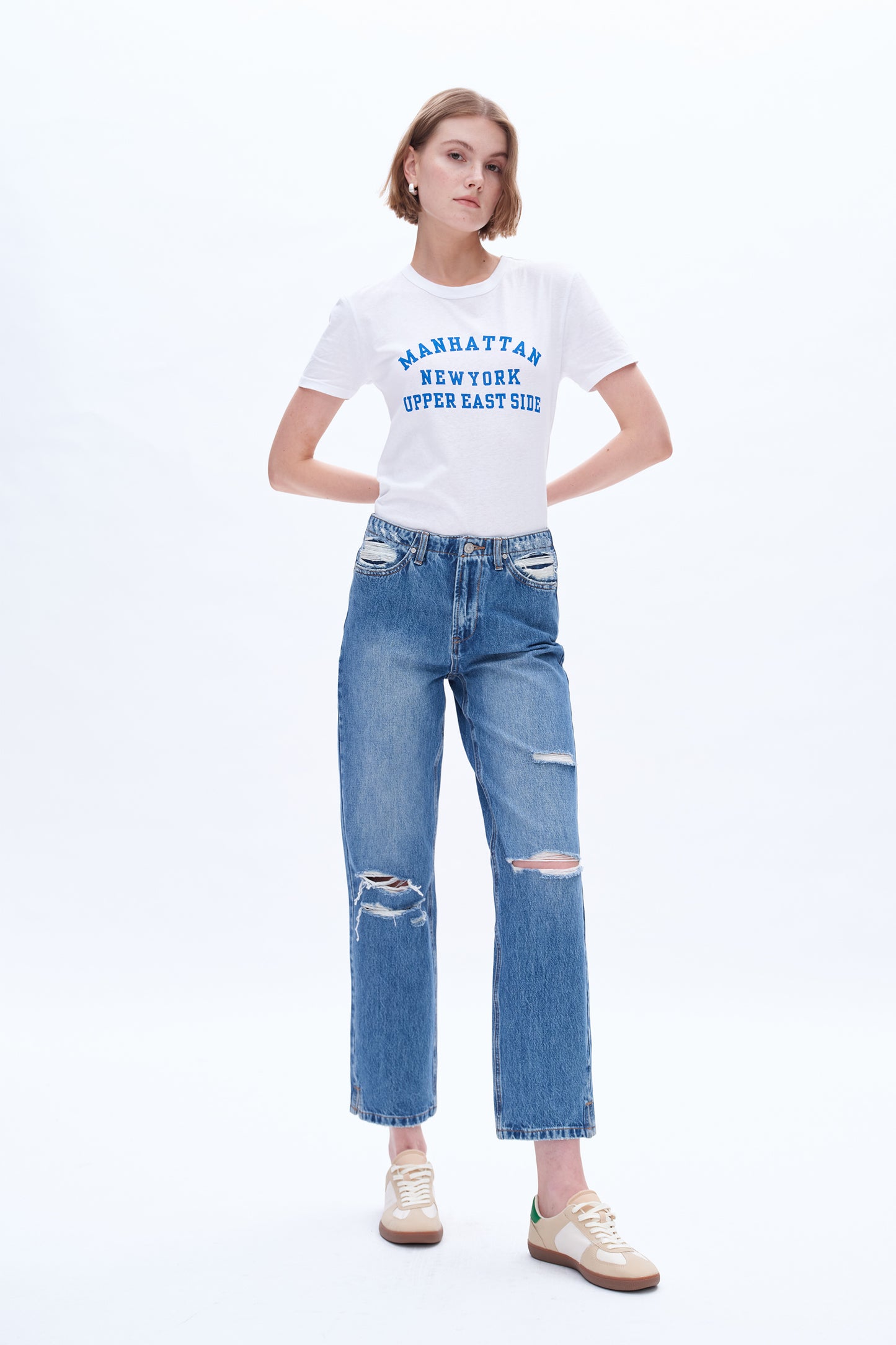 HIGH RISE DISTRESSED MOM JEANS WITH SLIT BYM3061 (BYHE040) VIVIBLUE