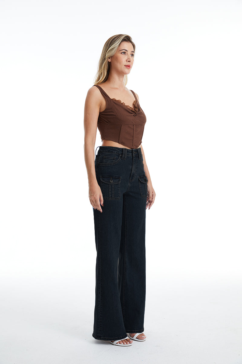 HIGH RISE RELAXED FLARE WITH FRONT CARGO POCKETS BYF1097 BLACK