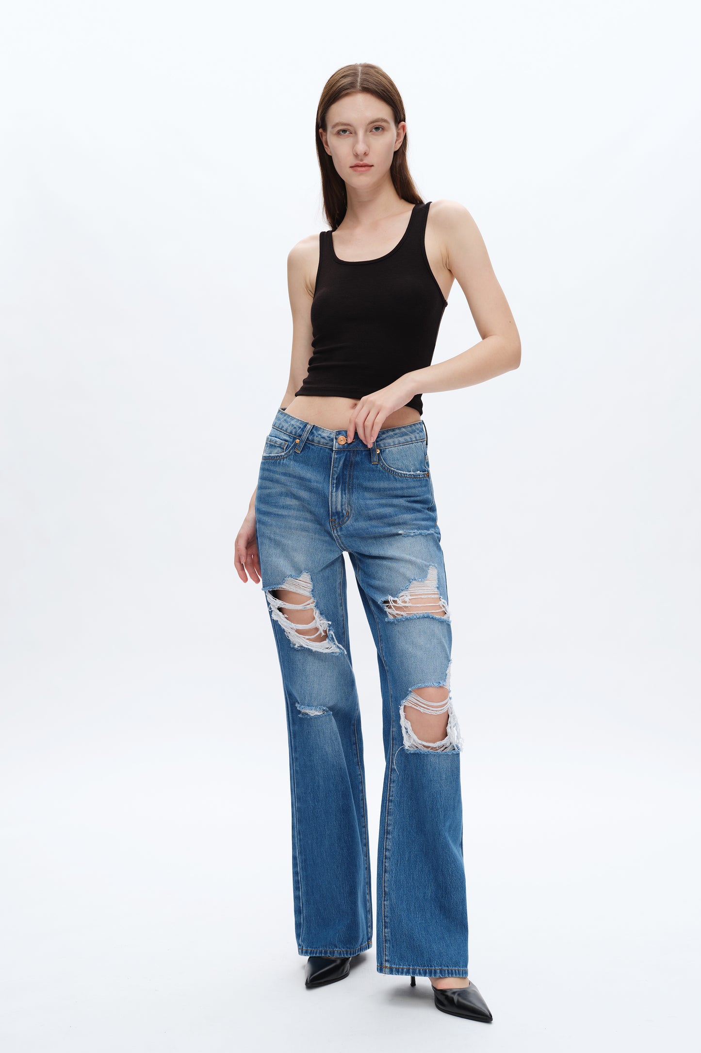 RITA SUPER HIGH RISE DISTRESSED WIDE LEG JEANS BYW8153 (BYHE193) VIVID BLUE