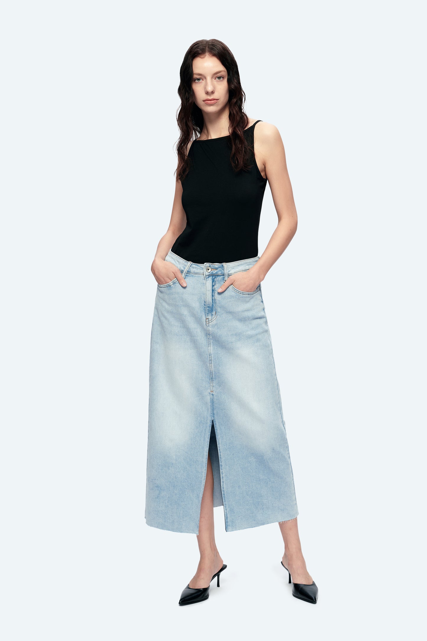 MID RISE MIDI SKIRT