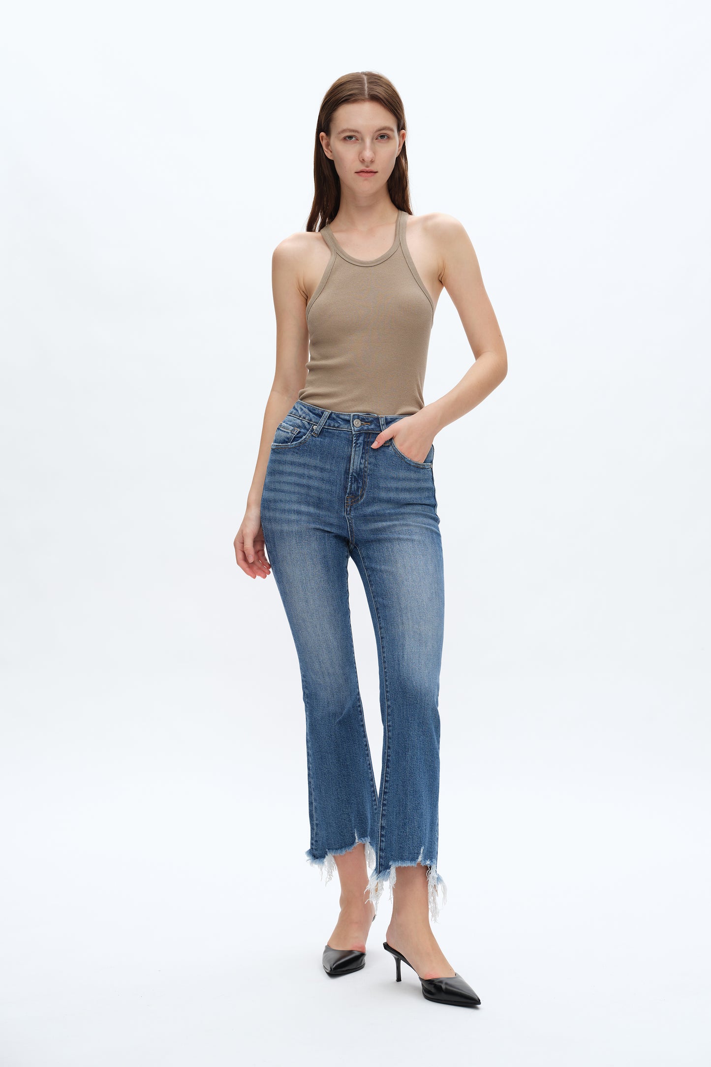 RITA HIGH RISE FRAYED HEM ANKLE FLARE JEANS BYF1152 MEDIUM BLUE