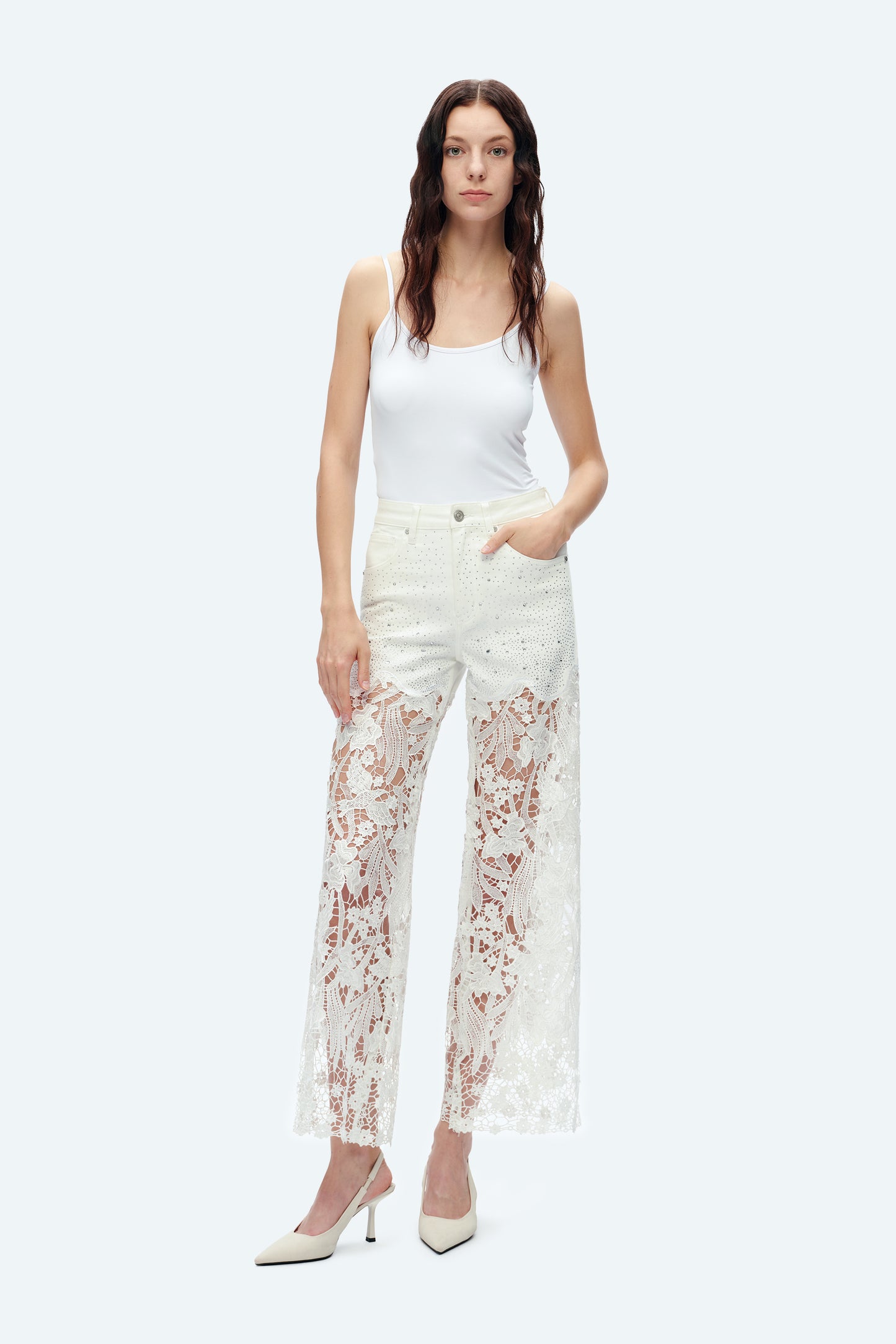 HIGH RISE LACE PANTS WITH RHINESTONE BYW8090 WHITE