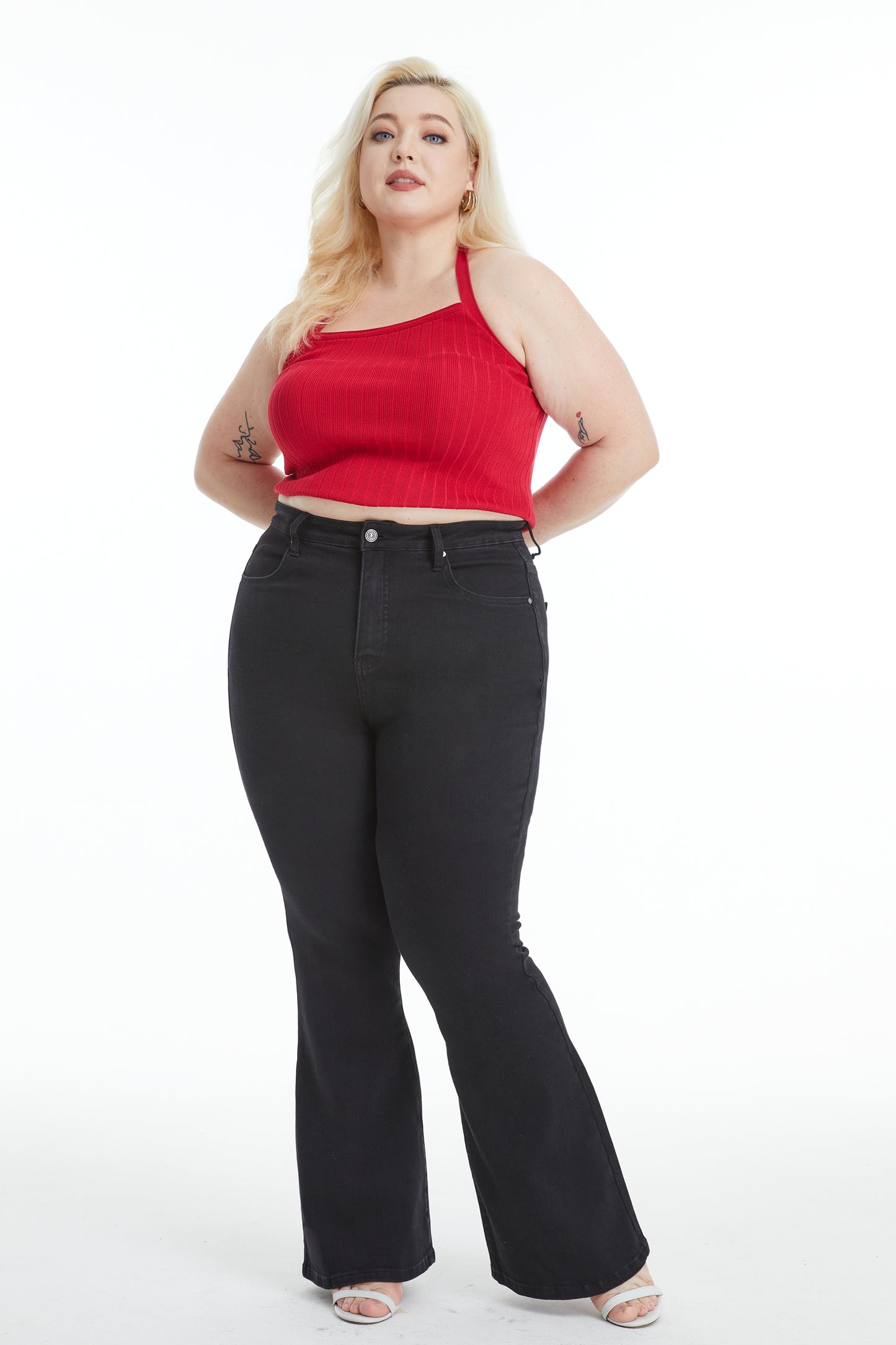 HIGH RISE FLARE JEANS WITH CRINKLE BYF1127-P (BYHE057) SOLID BLACK PLUS SIZE