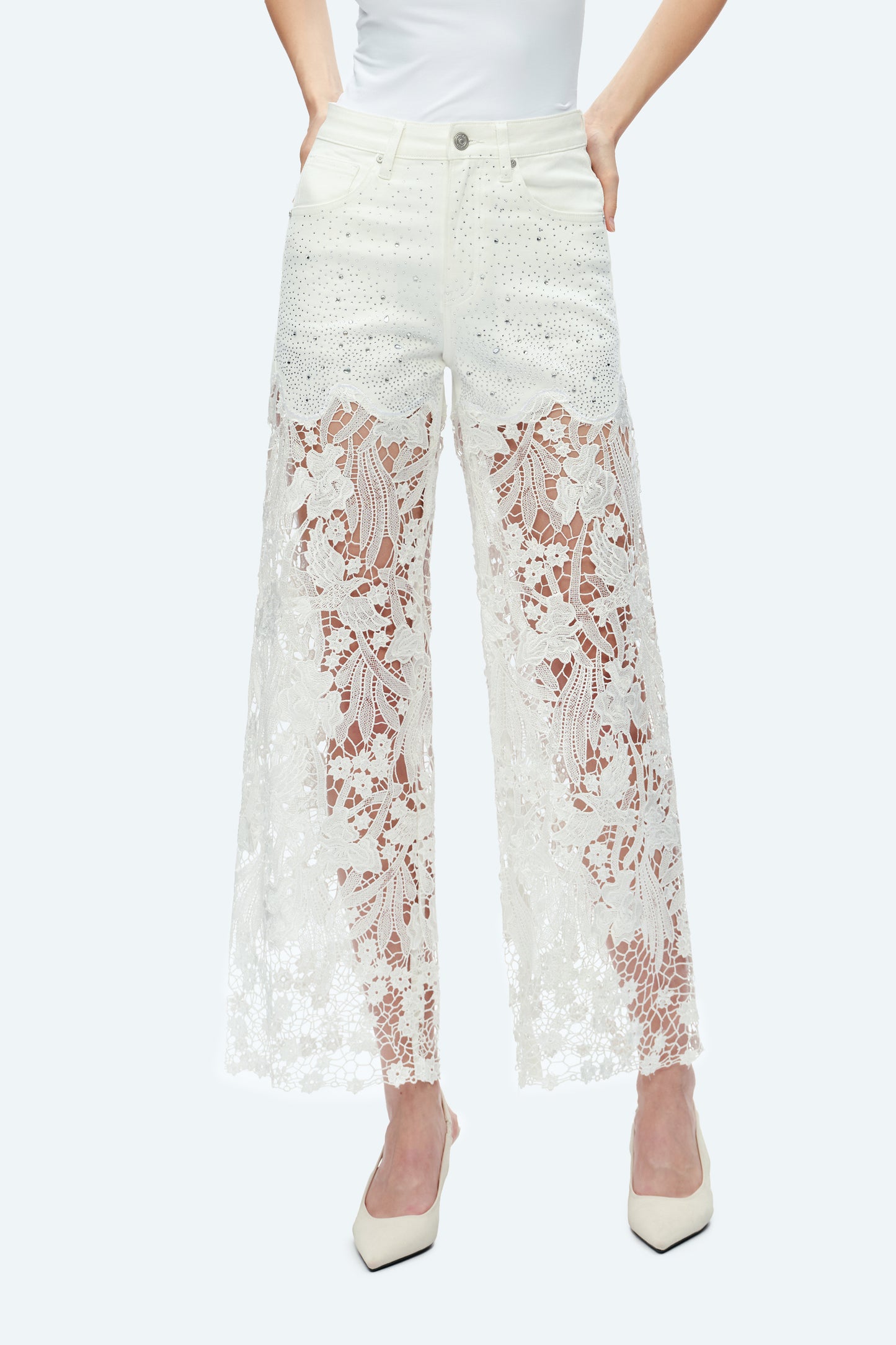HIGH RISE LACE PANTS WITH RHINESTONE BYW8090 WHITE