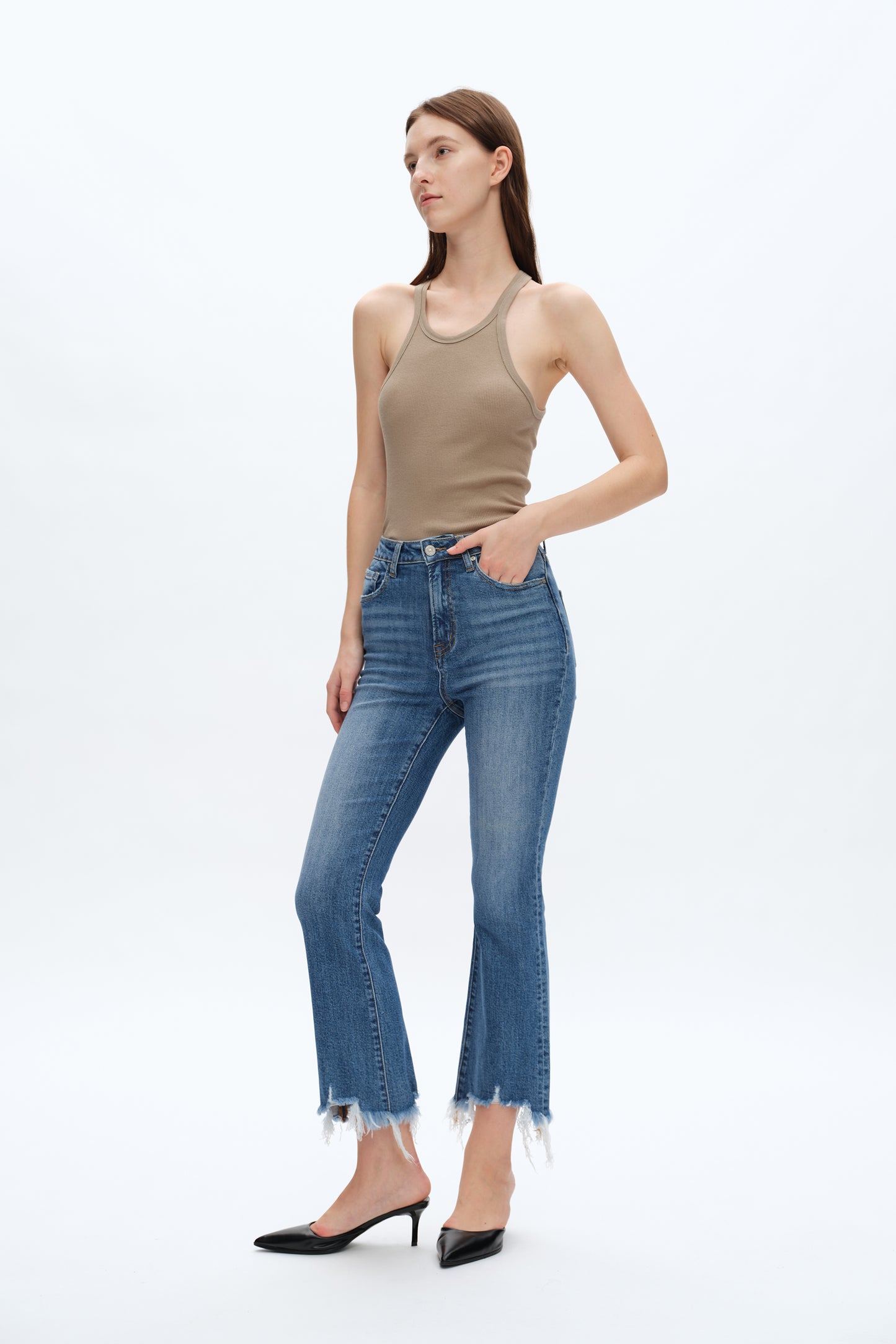 RITA HIGH RISE FRAYED HEM ANKLE FLARE JEANS BYF1152 MEDIUM BLUE