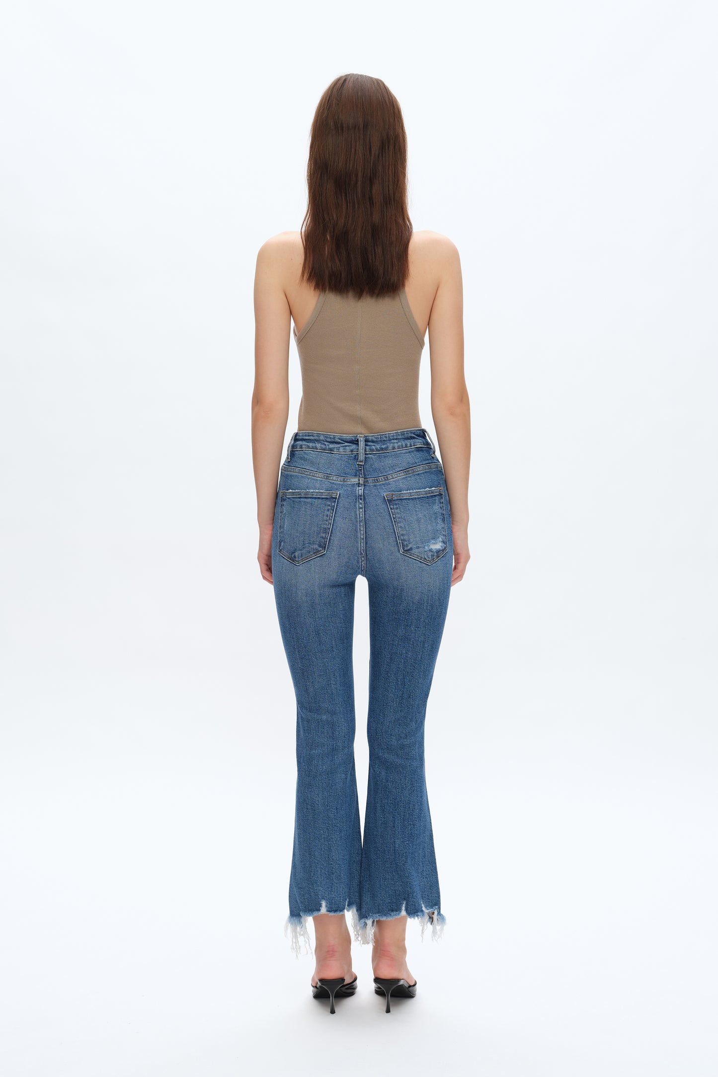 RITA HIGH RISE FRAYED HEM ANKLE FLARE JEANS BYF1152 MEDIUM BLUE