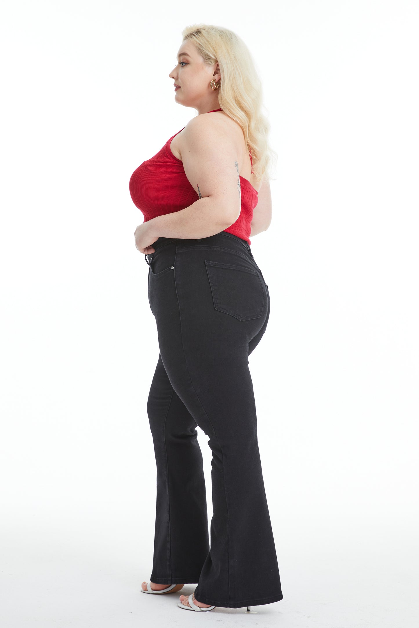 HIGH RISE FLARE JEANS WITH CRINKLE BYF1127-P (BYHE057) SOLID BLACK PLUS SIZE