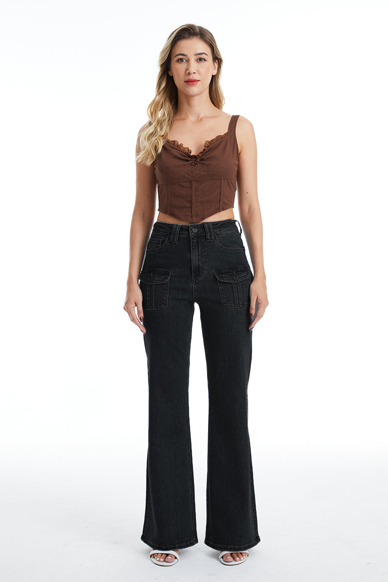 HIGH RISE RELAXED FLARE WITH FRONT CARGO POCKETS BYF1097 BLACK