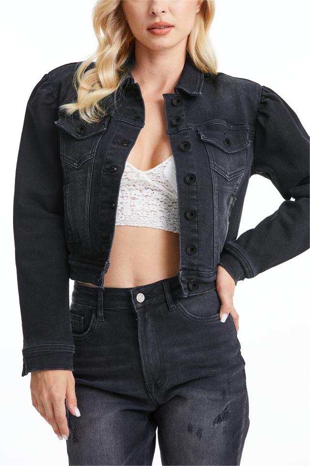 PUFFY SLEEVE DENIM JACKET BYJ9024 BLACK BAR
