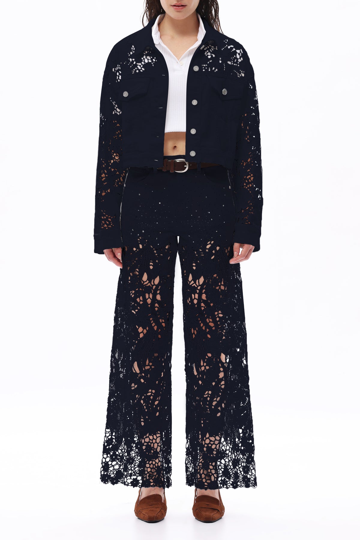 HIGH RISE LACE PANTS WITH RHINESTONE BYW8090 RINSE