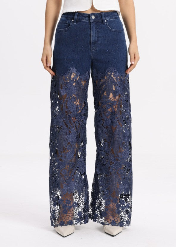 HIGH RISE LACE PANTS WITH RHINESTONE BYW8090 RINSE