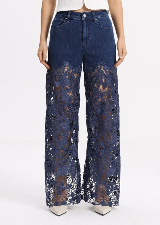 HIGH RISE LACE PANTS WITH RHINESTONE BYW8090 RINSE