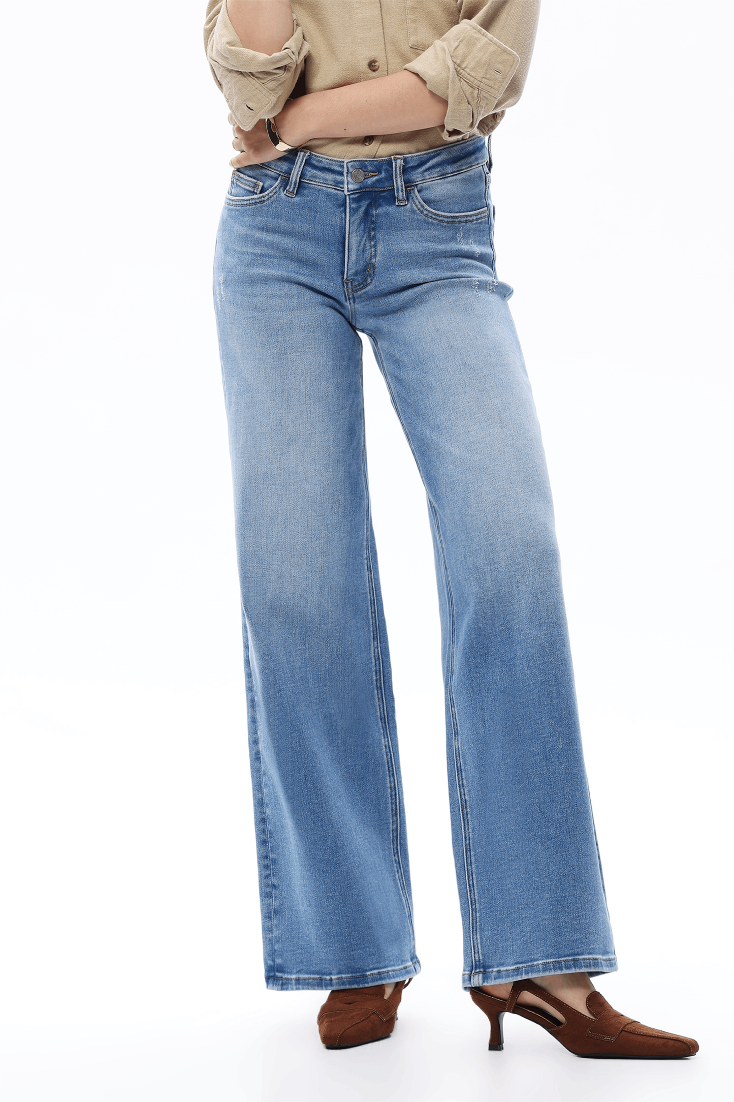 MID RISE WIDE LEG DENIM JEANS BYW8001 MEDIUM BLUE