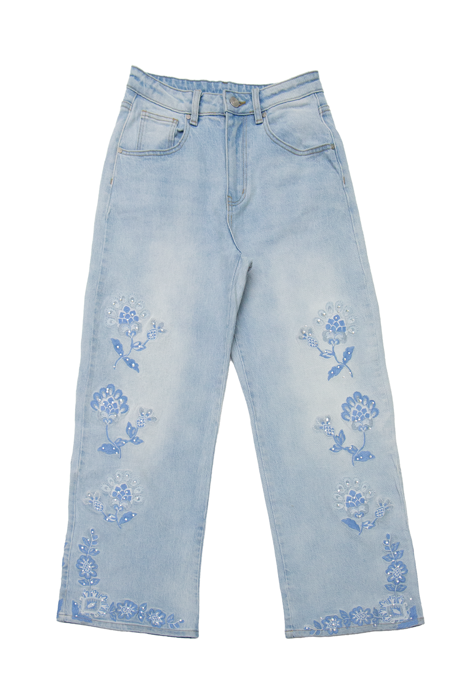 HIGH RISE EMBROIDERED WIDE LEG DENIM JEANS BYW8263-B (BYMG024-B) LIGHT BLUE