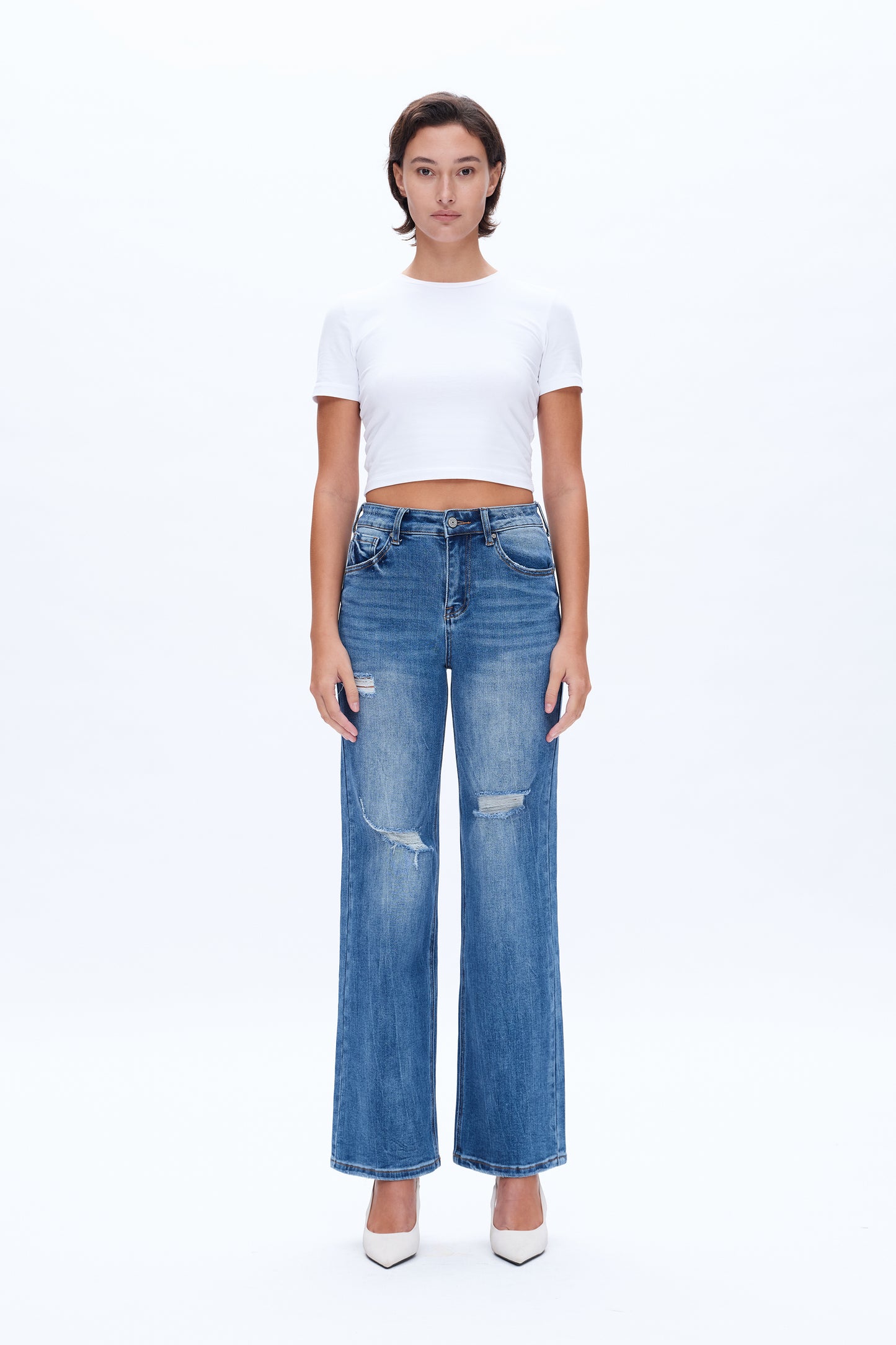 HIGH RISE WIDE LEG JEANS BYW8120 MEDIUM BLUE