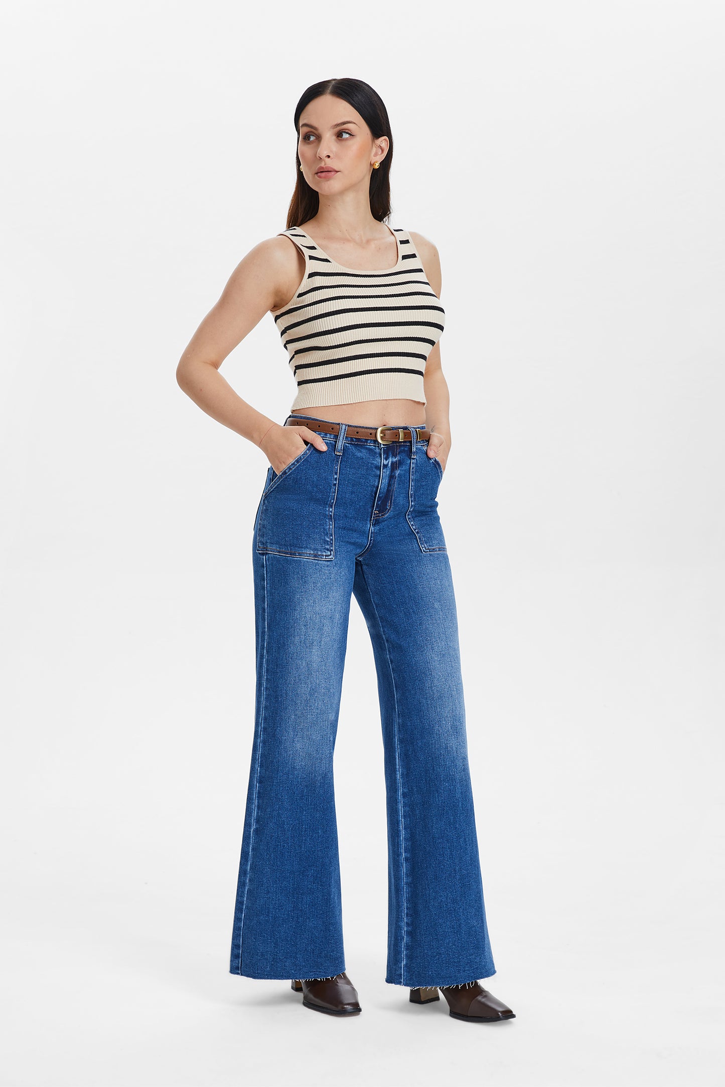 UTILITY PATCH POCKET HIGH RISE WIDE LEG JEANS BYW8103 DARK INDIGO