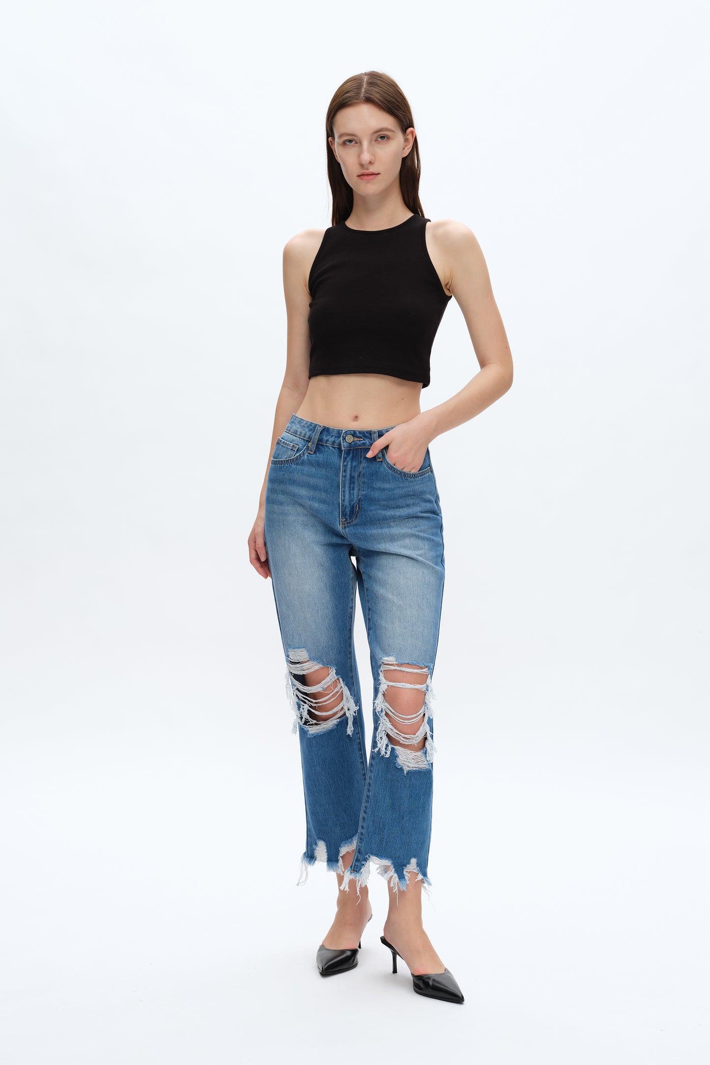 YOYO HIGH RISE DISTRESSED CROPPED STRAIGHT JEANS BYT5200 (BYHE197) CRYSTAL