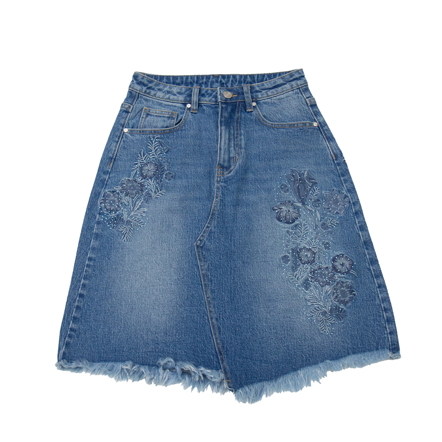 EMBROIDERED DENIM SKIRT WITH FRAYED HEM BYK7072 (BYMG030) MEDIUM BLUE