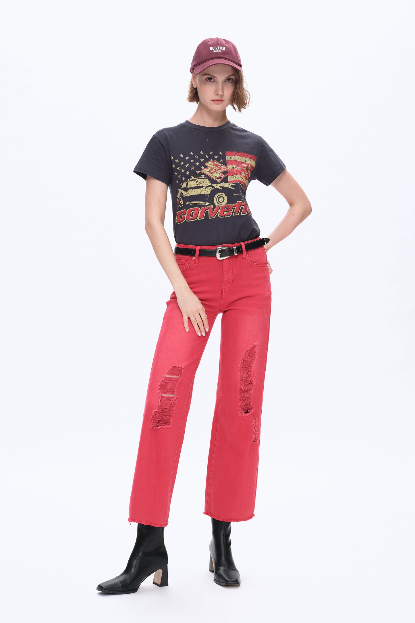 ALLY HIGH RISE DISTRESSED WIDE LEG PANTS BYW8159 (BYMJ022) RED