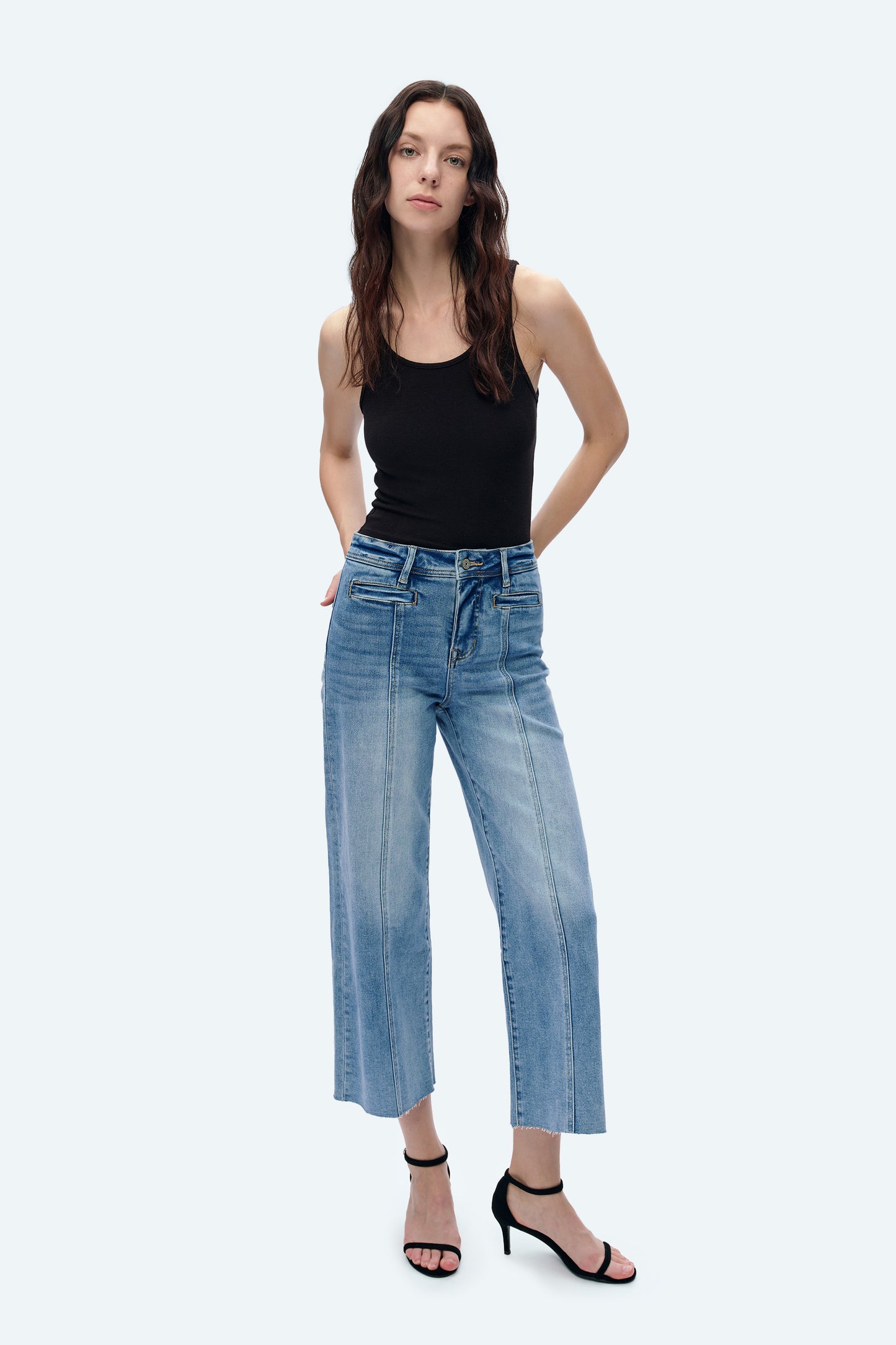 HIGH RISE WIDE LEG JEANS WITH RAW HEM BYW8116 ICE BLUE