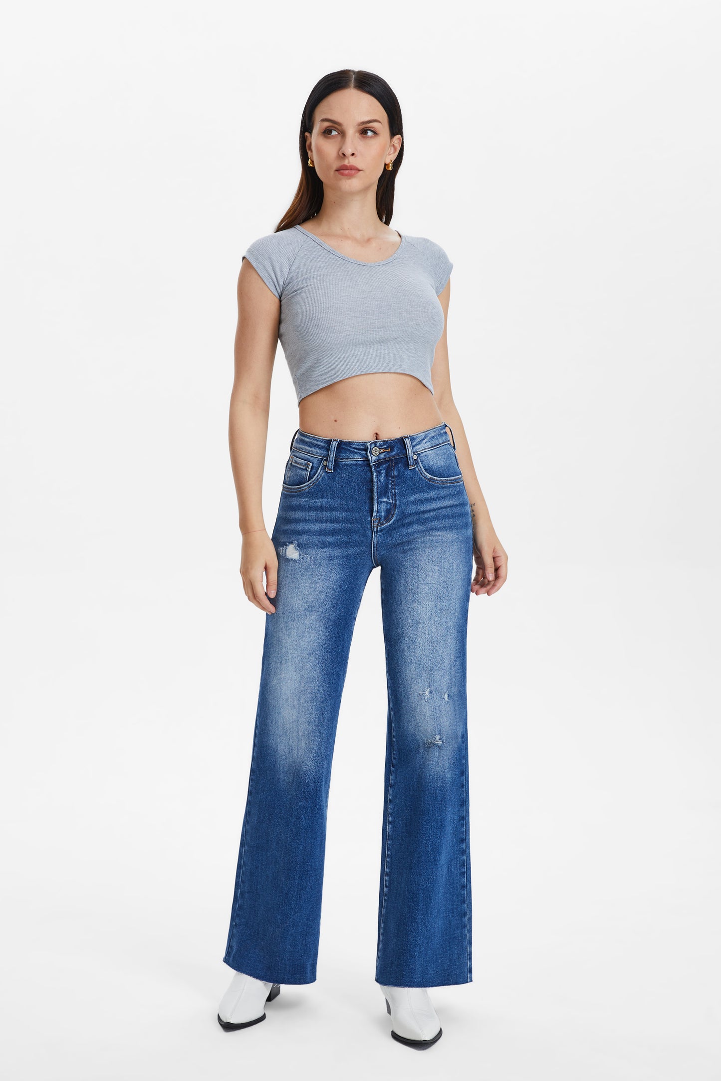HIGH RISE WIDE LEG JEANS WITH RAW HEM BYW8124 AZURE