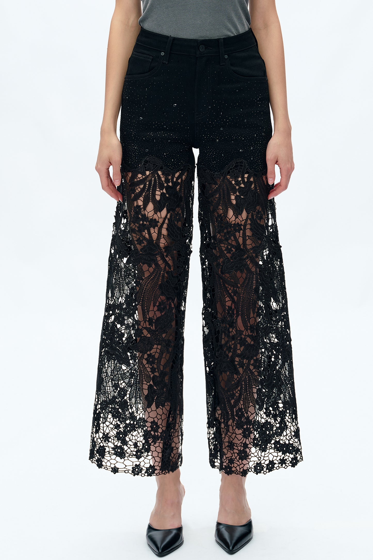 HIGH RISE LACE PANTS WITH RHINESTONE BYW8090 BLACK