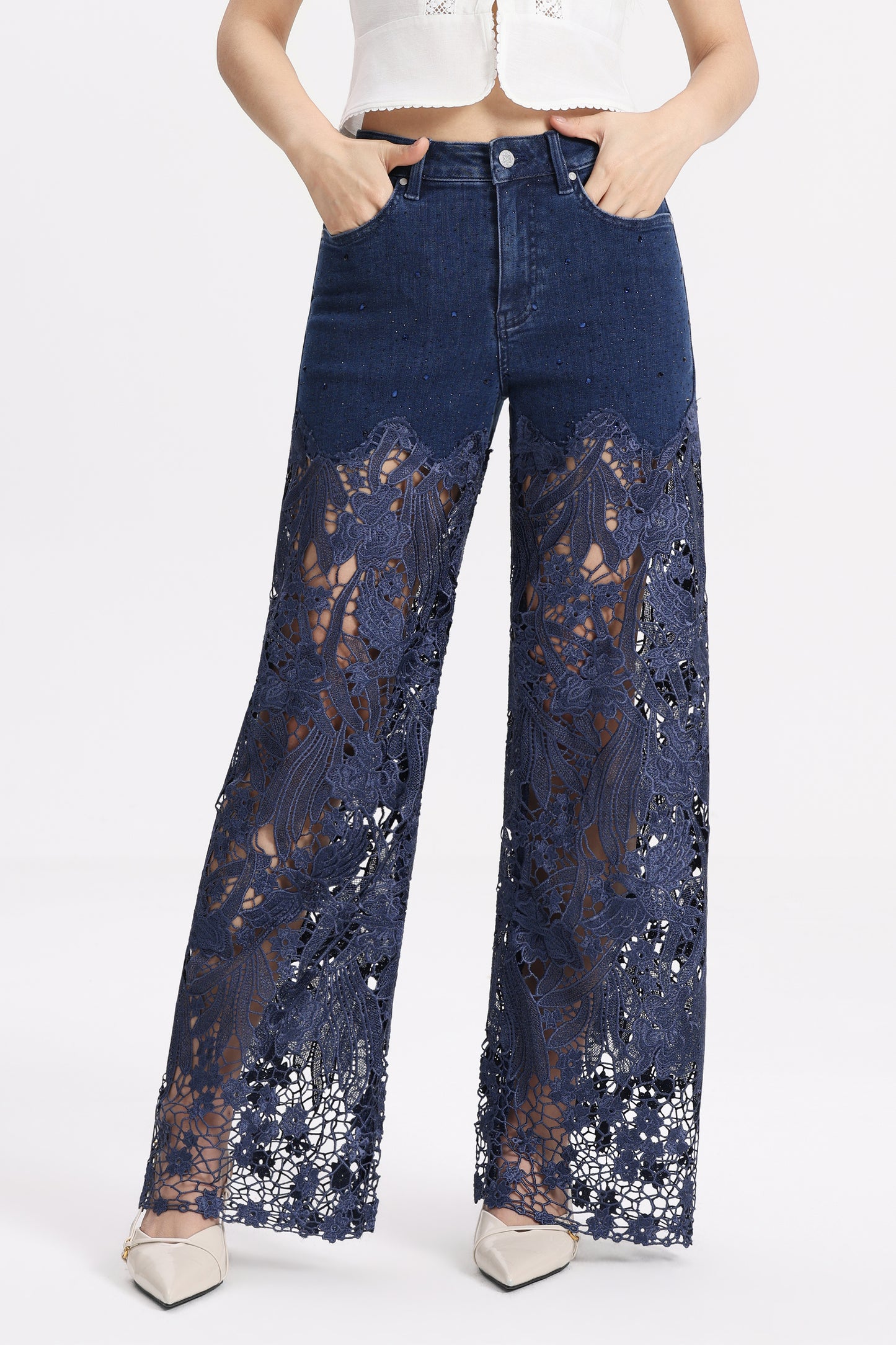 PLUS HIGH RISE LACE PANTS WITH RHINESTONE