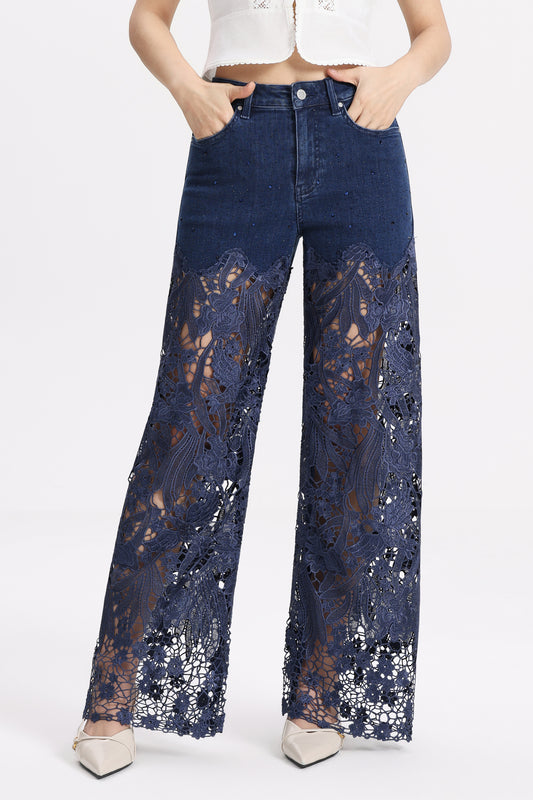 PLUS HIGH RISE LACE PANTS WITH RHINESTONE