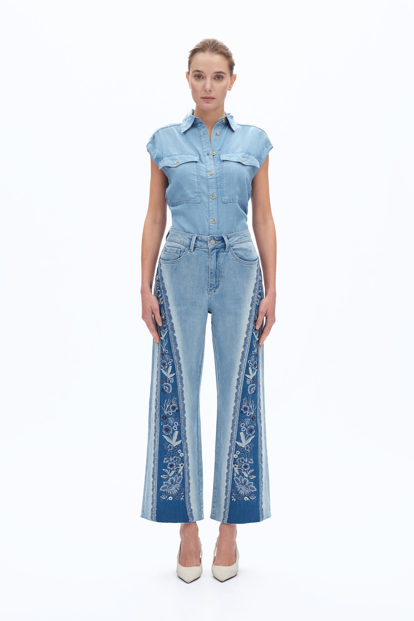 ULTRA HIGH RISE PATCHWORK EMBROIDERED WIDE LEG DENIM JEANS BYW8190 (BYCK003) MEDIUM BLUE