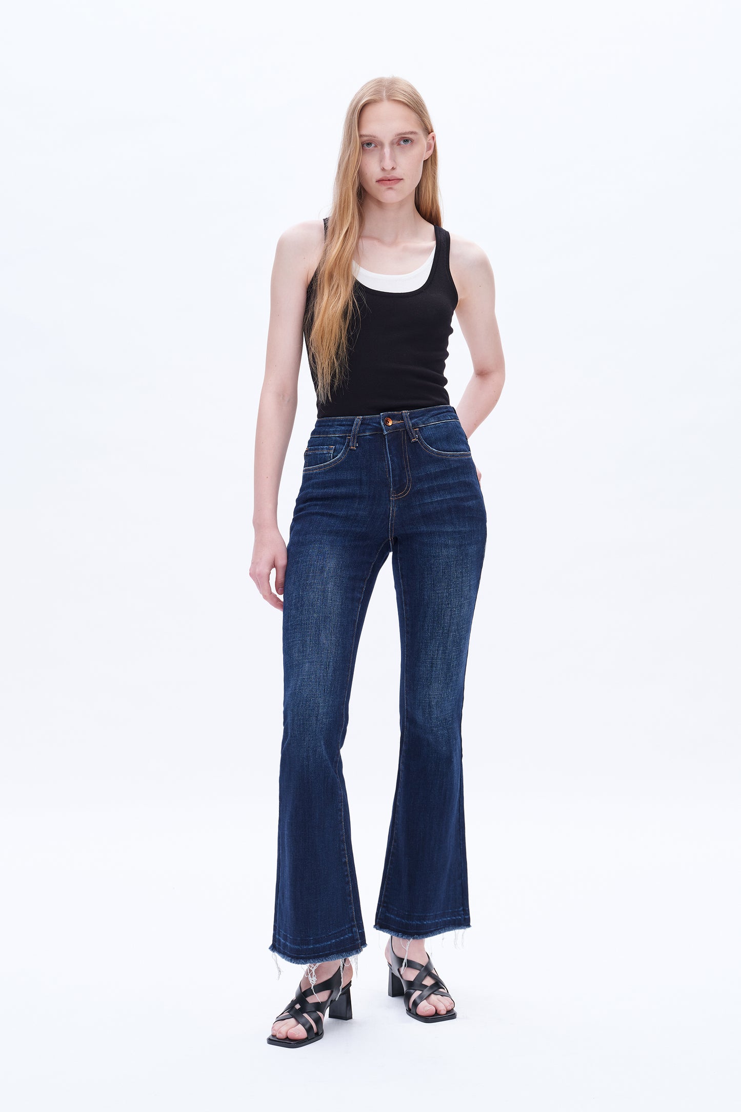 HIGH RISE FLARE LEG JEANS WITH RAW HEM BYF1110 DARK BLUE