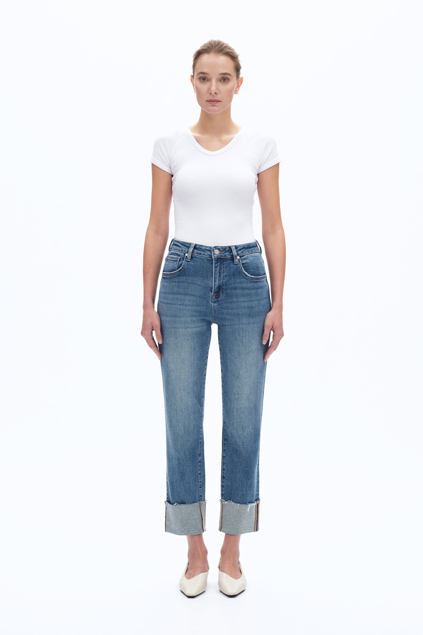 HIGH RISE STRAIGHT LEG JEANS WITH ROLLED HEM BYT5153 SURF BLUE