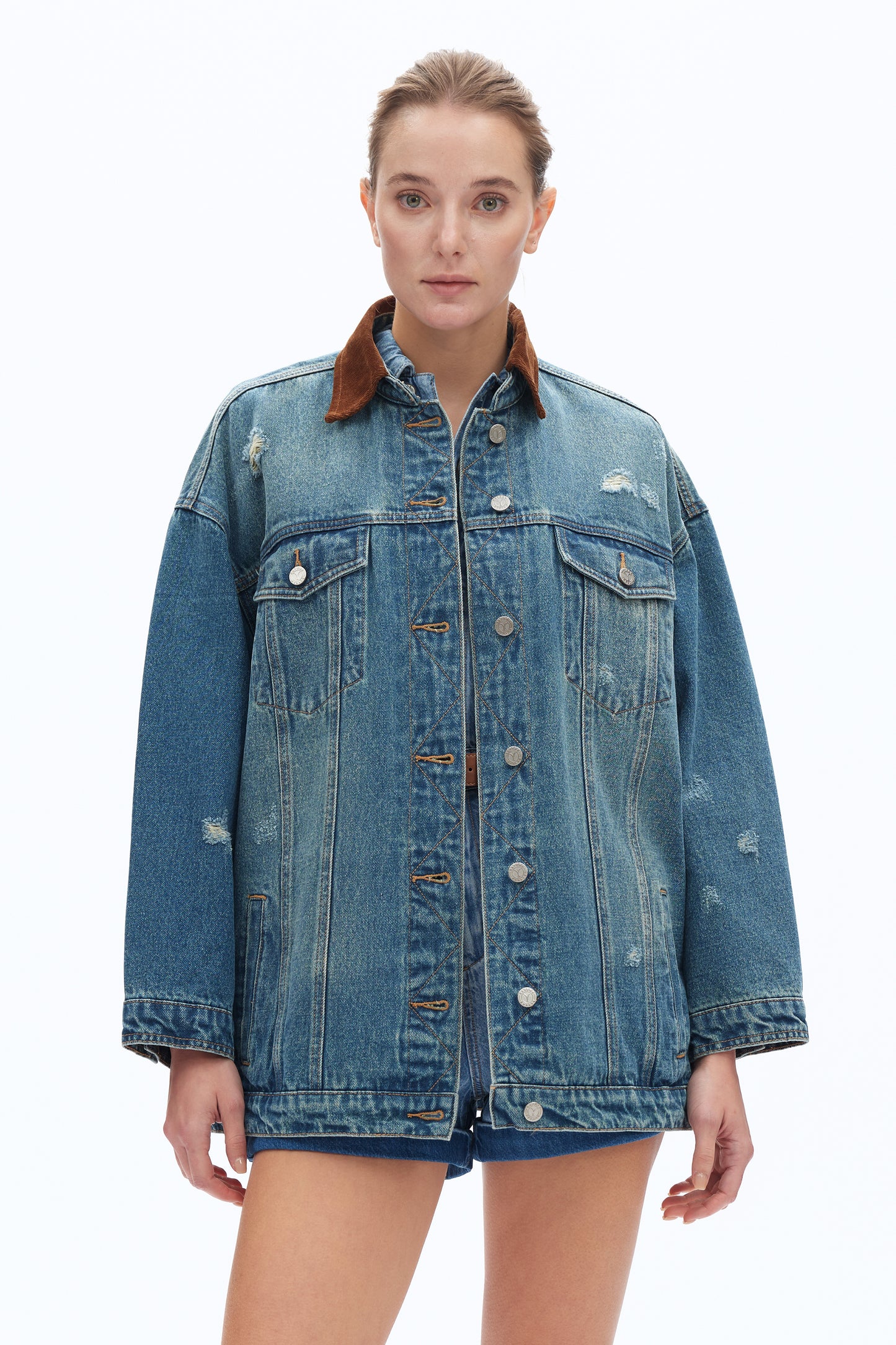 LOOSE-FITTING PATCHWORK JACKET BYJ9059 (BYMJ238) RETRO MEDIUM BLUE