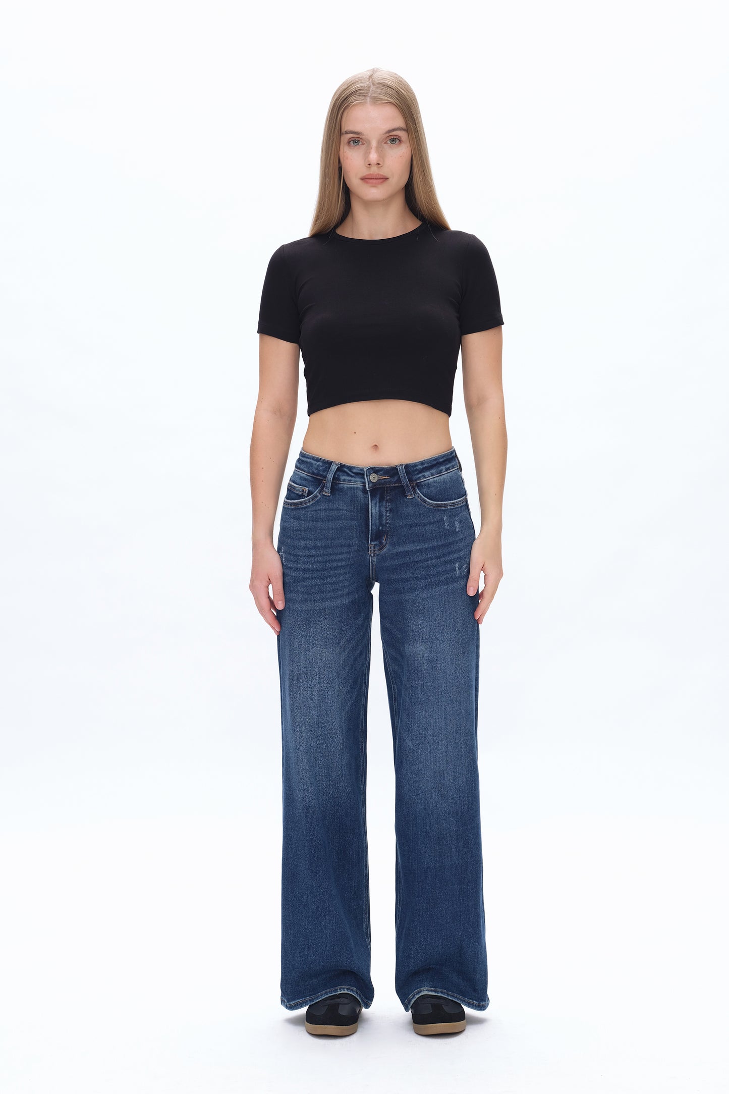 LOW CUT WIDE LEG CROP STRAIGHT JEANS BYW8001-2 DARK BLUE