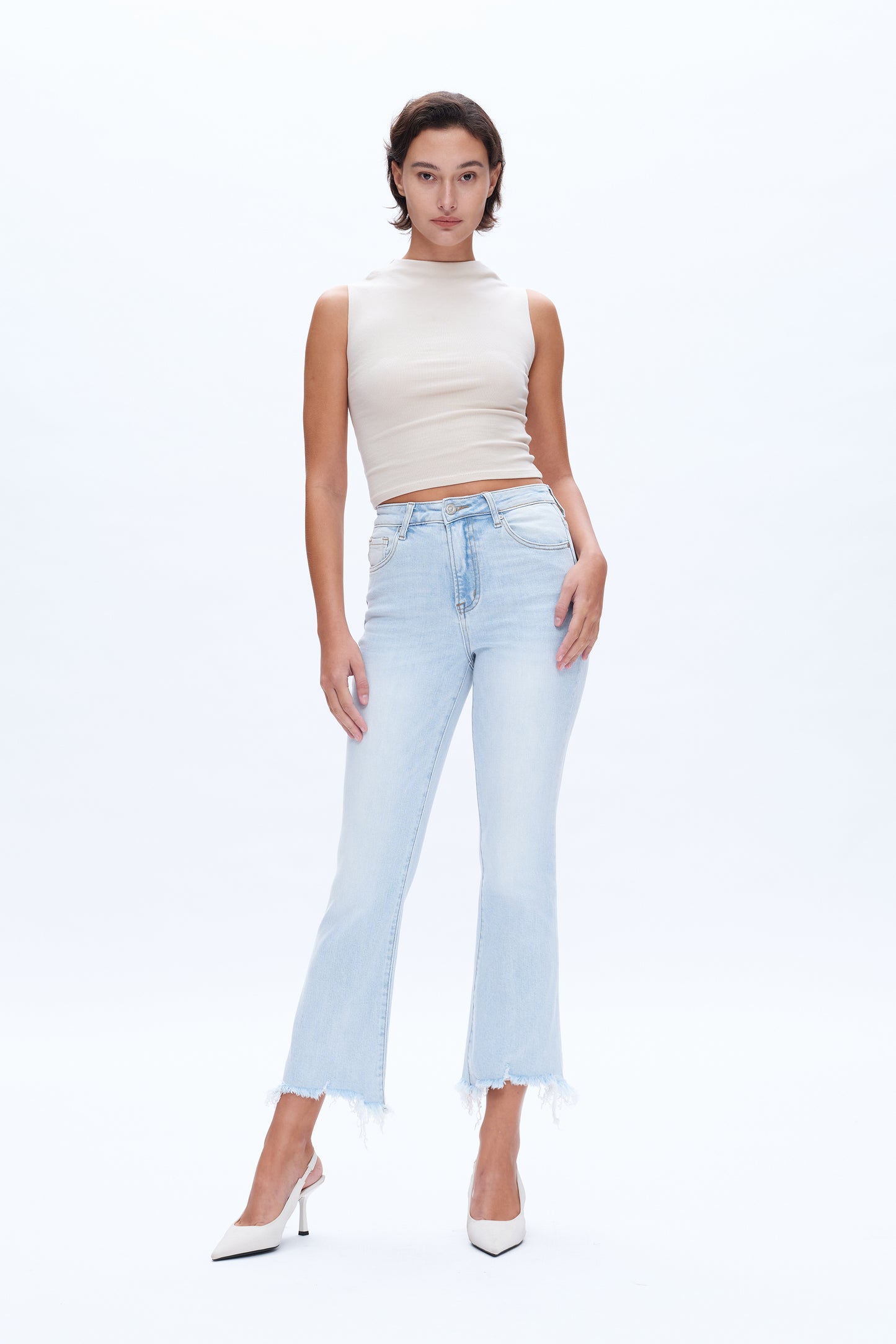 ANNA HIGH RISE FRAYED HEM ANKLE FLARE JEANS BYF1153 LIGHT BLUE