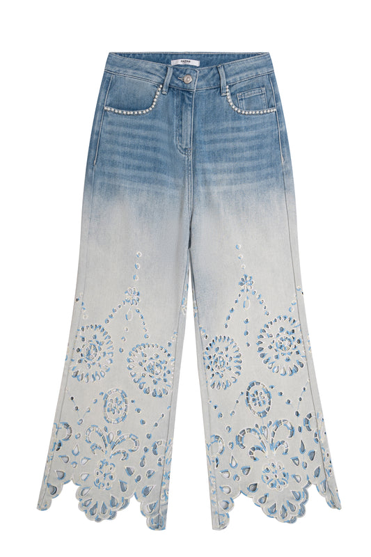 ULTRA HIGH RISE LACE EMBROIDERED WIDE LEG DENIM JEANS BYW8195 (BYCK008) LIGHT BLUE