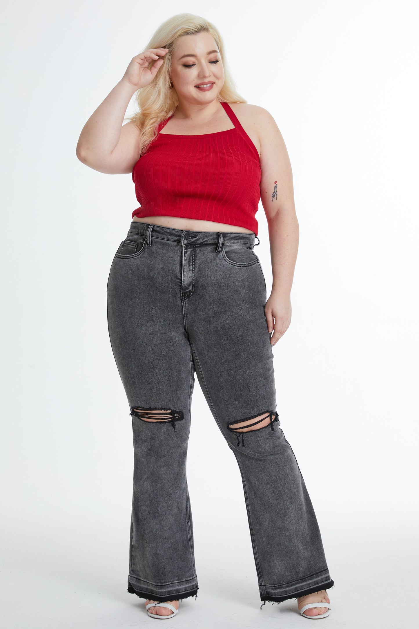 LAUREN HIGH RISE FLARE JEANS WITH RAW HEM BYF1129-P (BYHE055-P) HEATHER GRAY PLUS SIZE