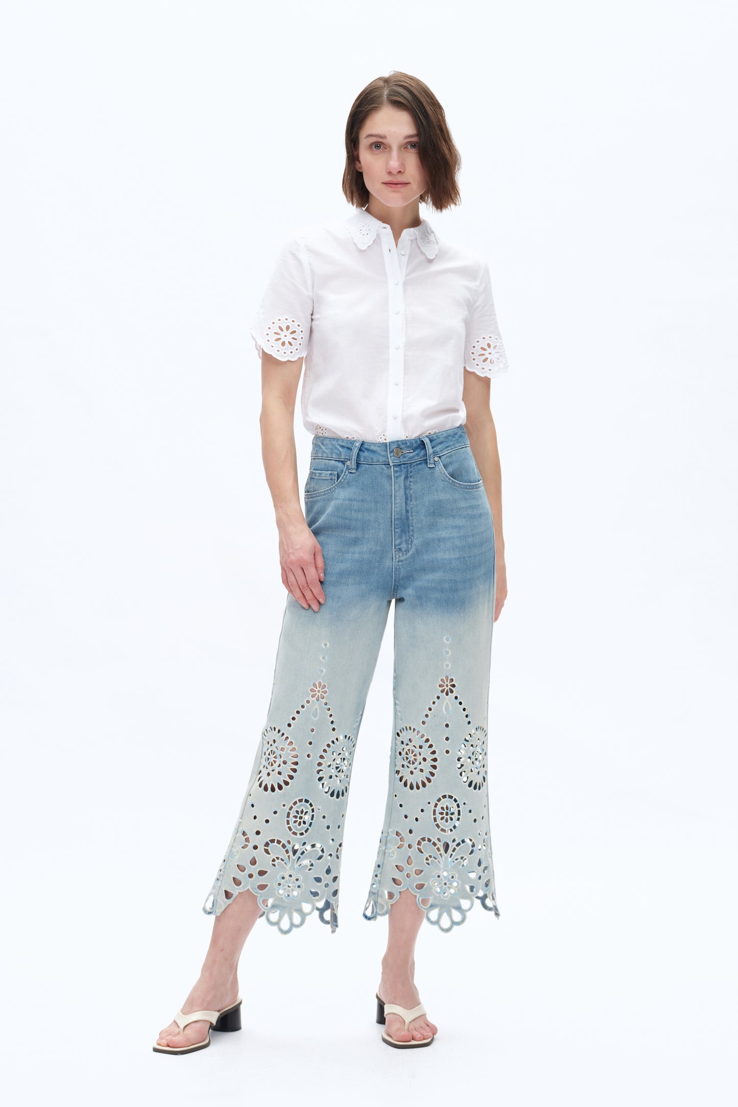 ULTRA HIGH RISE LACE EMBROIDERED WIDE LEG DENIM JEANS BYW8195 (BYCK008) LIGHT BLUE