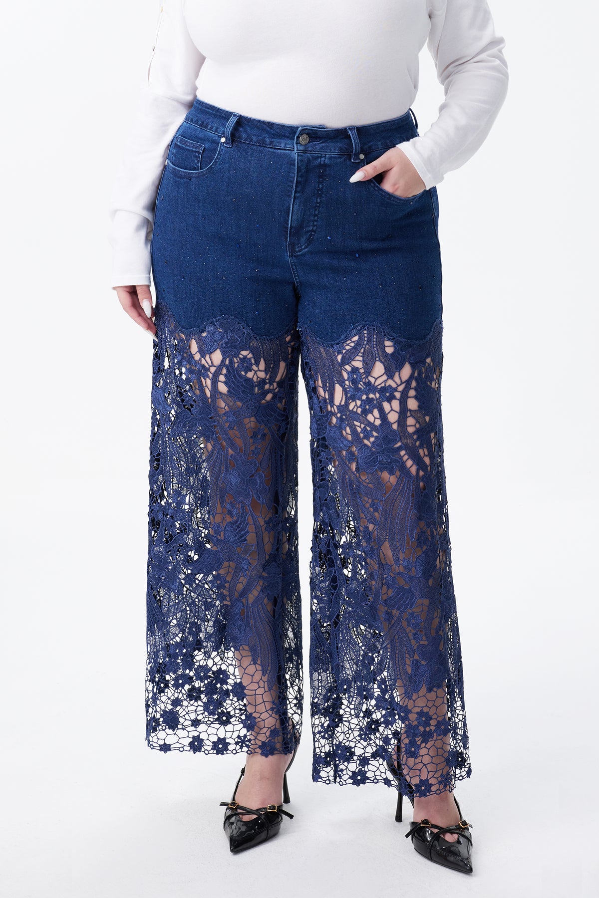 PLUS HIGH RISE LACE PANTS WITH RHINESTONE LAGOON