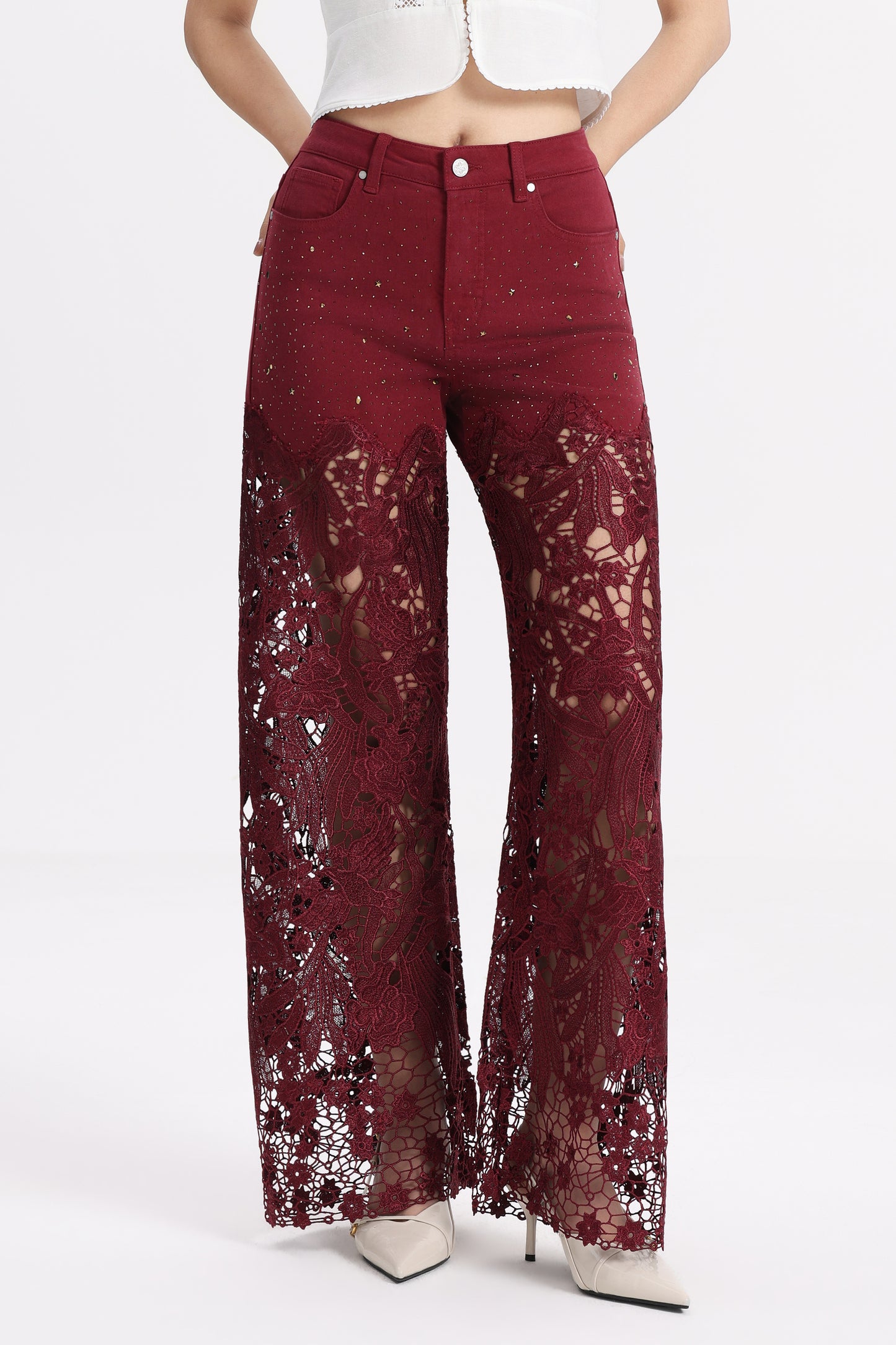 HIGH RISE LACE PANTS WITH RHINESTONE