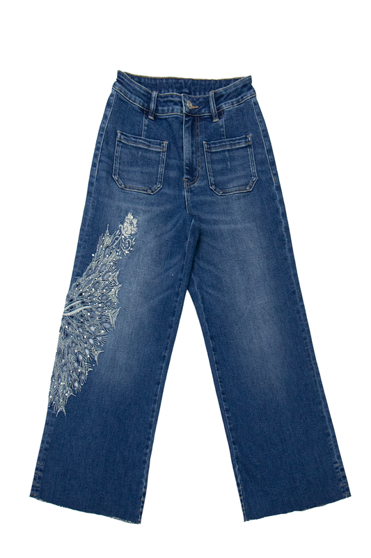 HIGH RISE EMBROIDERED WIDE LEG DENIM JEANS BYW8265 (BYMG013) DARK BLUE