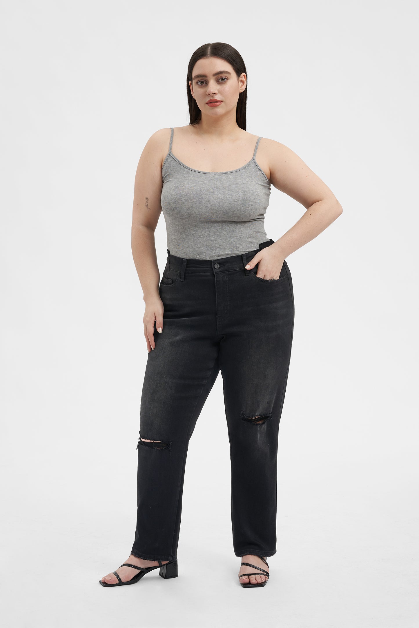 HIGH RISE CROPPED STRAIGHT JEANS BYT5164-P (BY4401A) BLACK PLUS SIZE