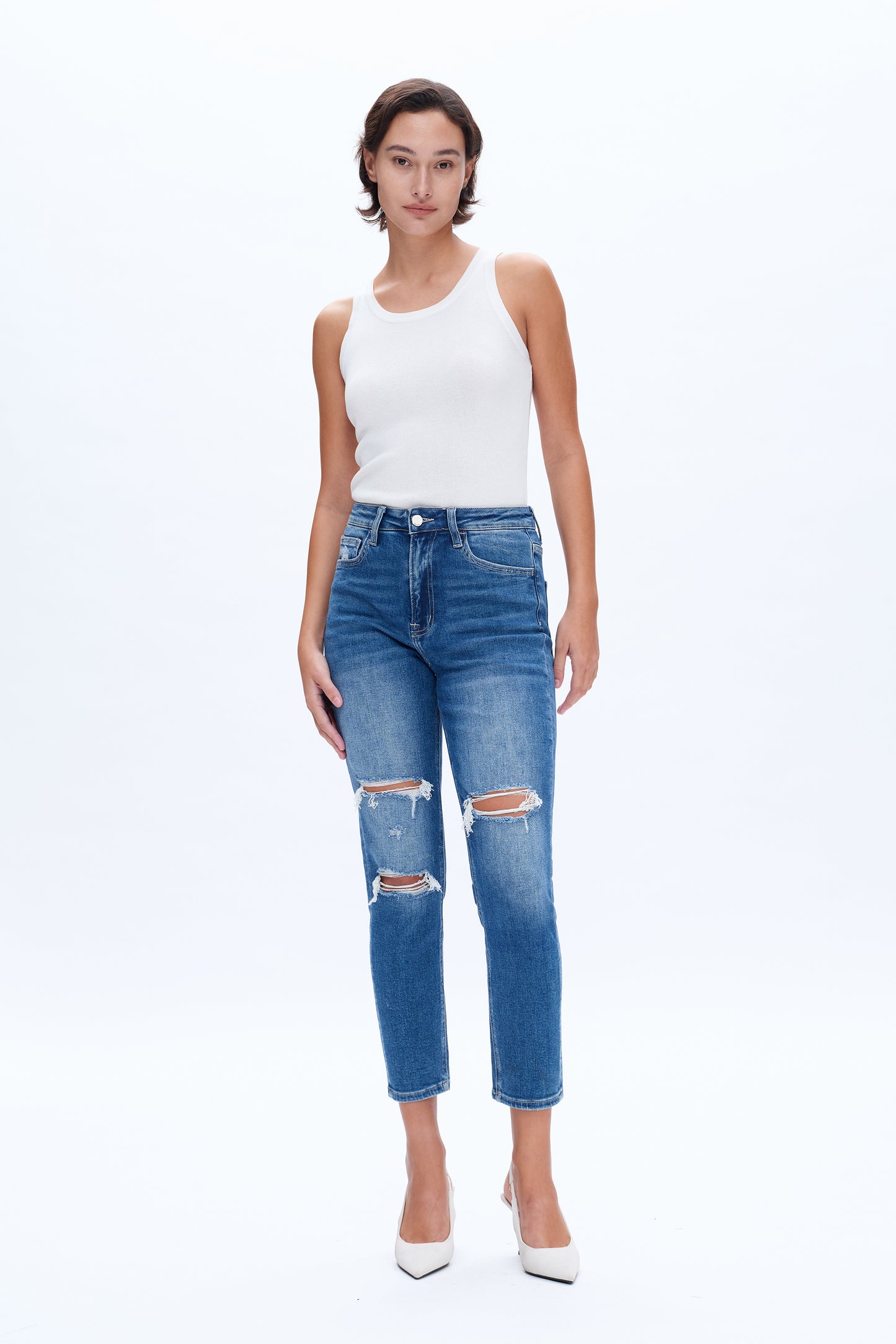 HIGH RISE STRETCH MOM JEANS BYM3009 DARK BLUE