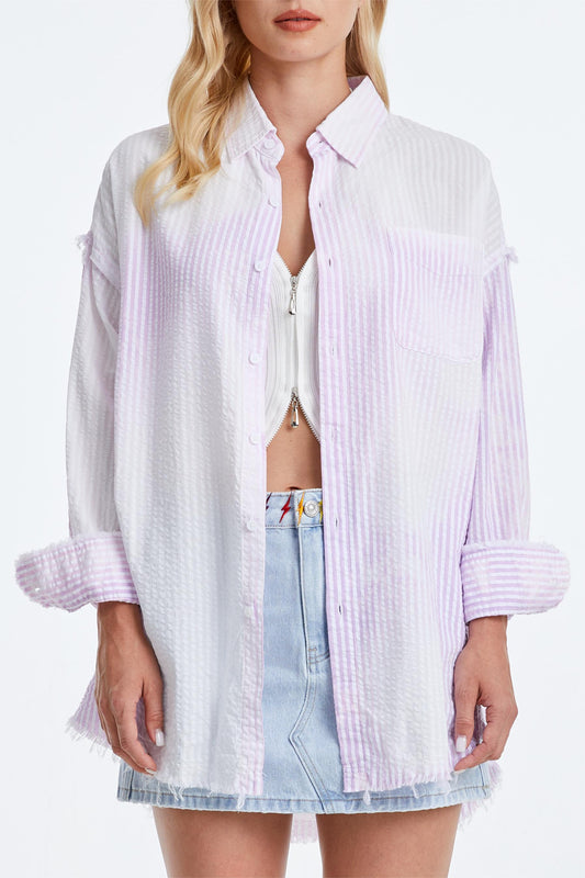 WOMEN'S RAGGED LONG SLEEVE LOOSE SHIRT BYIC003 (BYHE100) LIGHT PURPLE/WHITE STRIPE