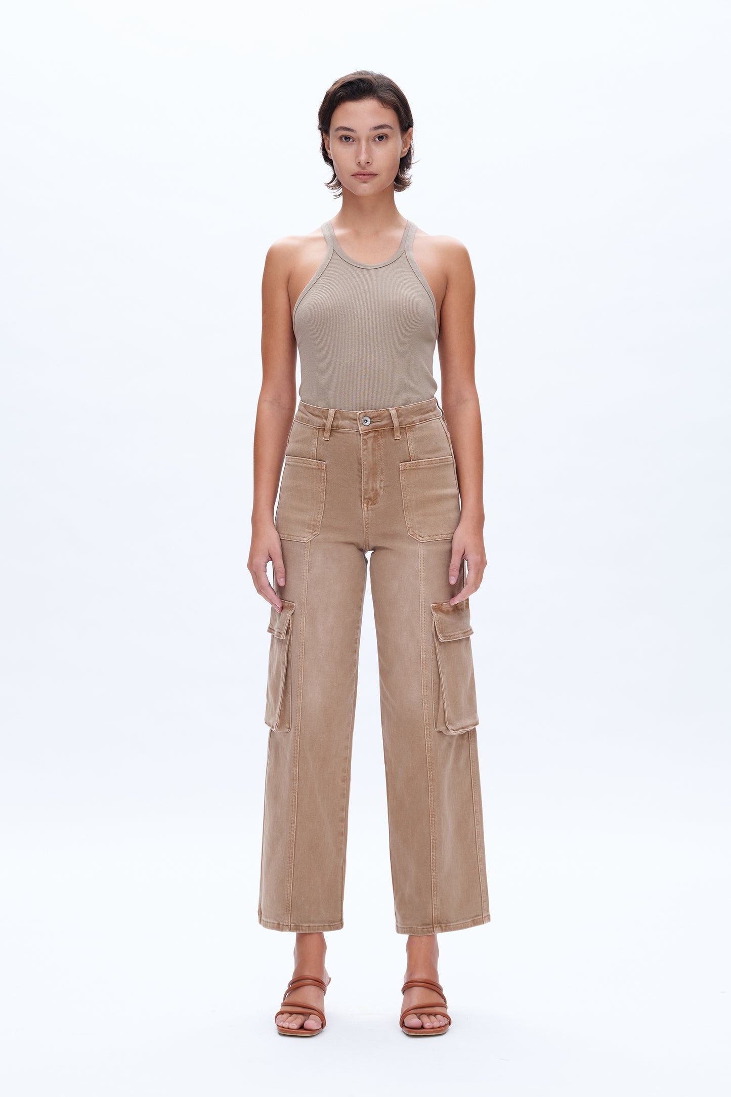 SUPER HIGH RISE CARGO STRAIGHT WIDE LEG JEANS BYW8107-N VINTAGE KHAKI