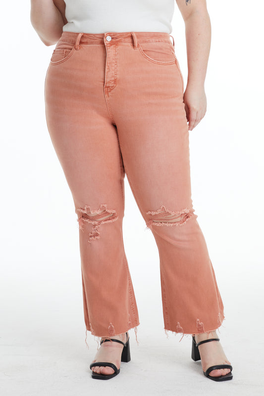 EMILY HIGH RISE DISTRESSED FLARE PANTS BYF1077-P SALMON PLUS SIZE