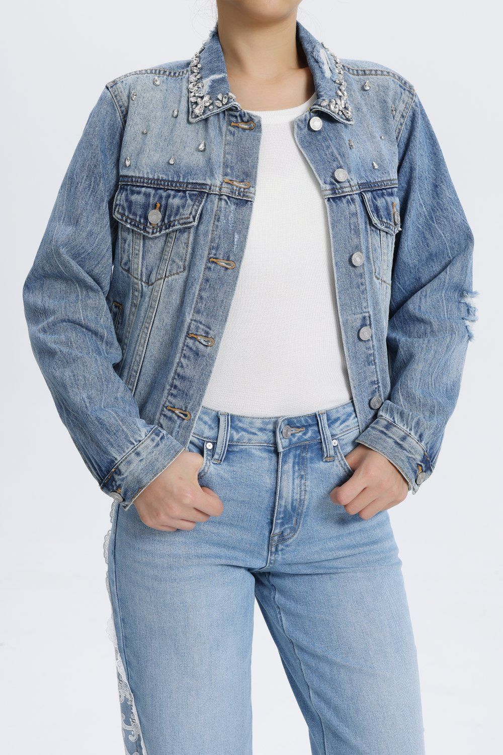 PARIS DISSTRESSED JACKET  BYJ9090 GLIMMERING BLUE
