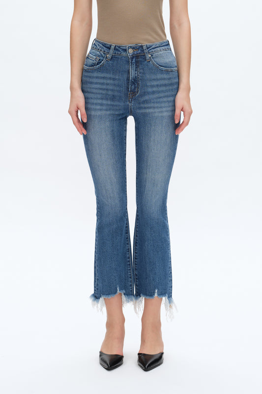 RITA HIGH RISE FRAYED HEM ANKLE FLARE JEANS BYF1152 MEDIUM BLUE