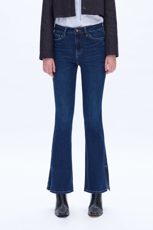 HIGH RISE FLARE LEG JEANS WITH SLIT HEM BYF1037 SAPPHIRE