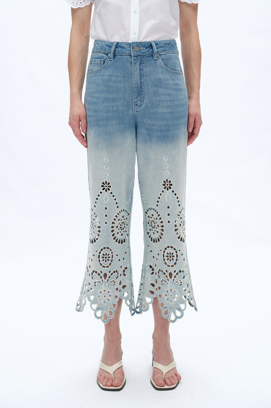 ULTRA HIGH RISE LACE EMBROIDERED WIDE LEG DENIM JEANS BYW8195 (BYCK008) LIGHT BLUE